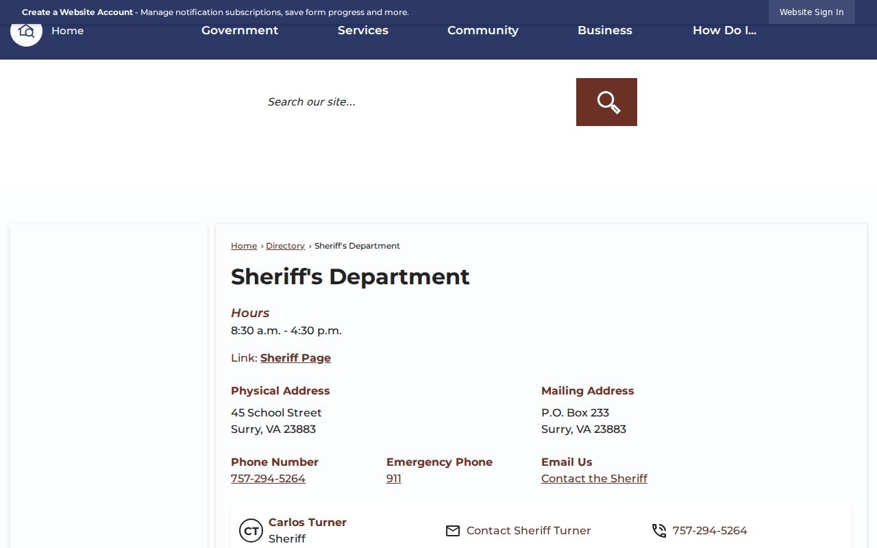 Surry County warrant records and Sheriff's Department contact directory