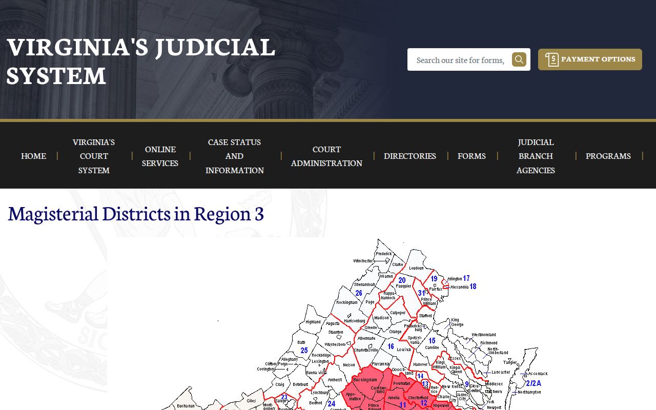 Virginia court system page showing magisterial districts in Region 3