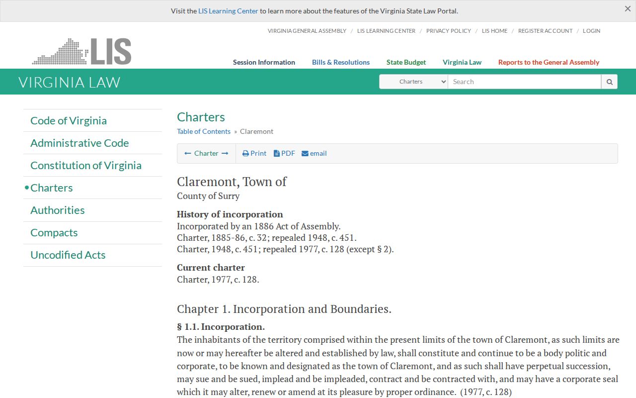 Claremont charter material relevant to local authority and Surry County court records