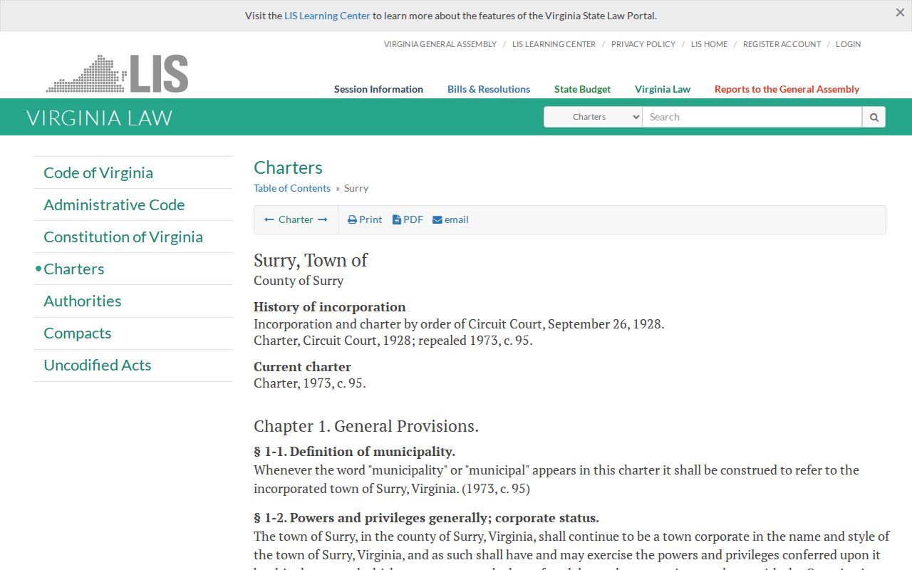 Virginia charter page for the Town of Surry in Surry County