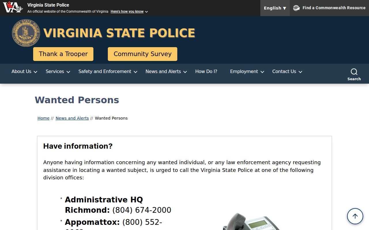 Surry County active warrant context beside the Virginia State Police wanted program