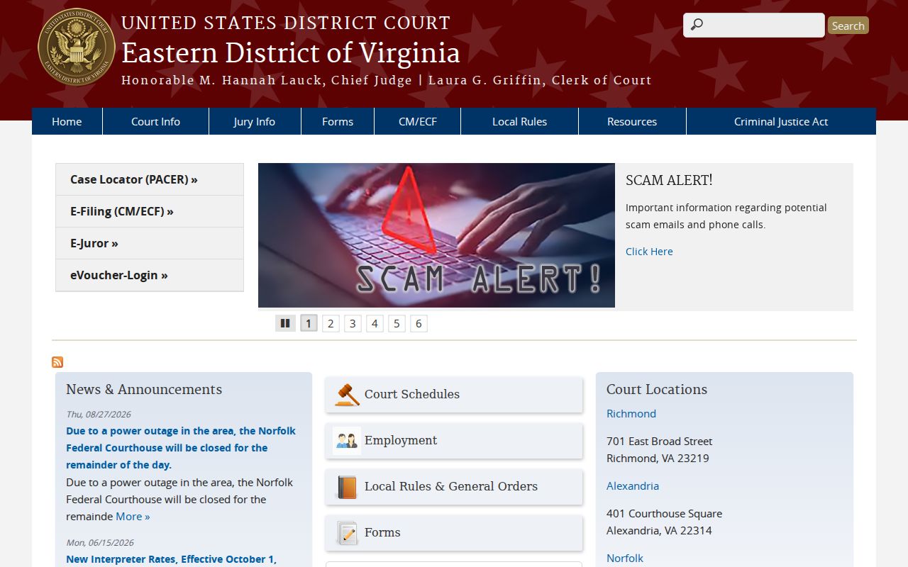Eastern District of Virginia court information for federal records related to Surry County