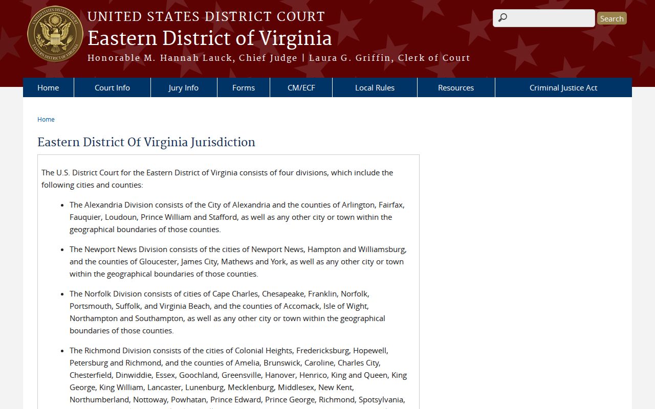 Eastern District of Virginia division information for Surry County federal cases, separate from county wanted lists