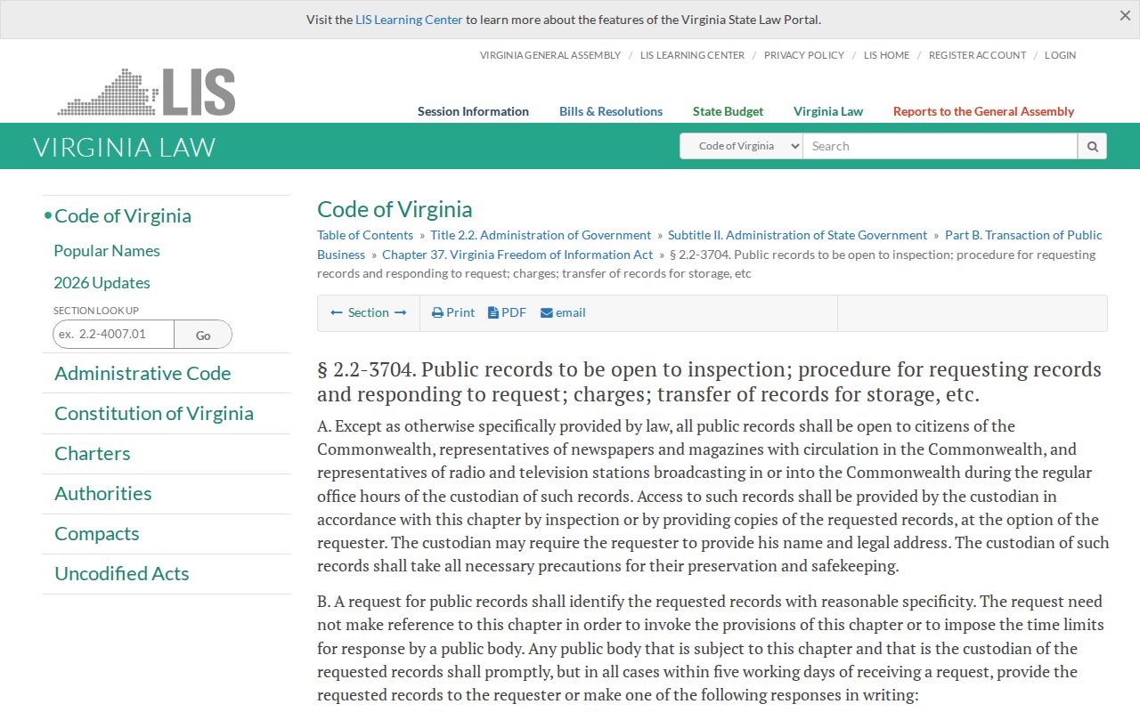 Virginia FOIA access statute relevant to requesting Dendron and Surry County warrant records