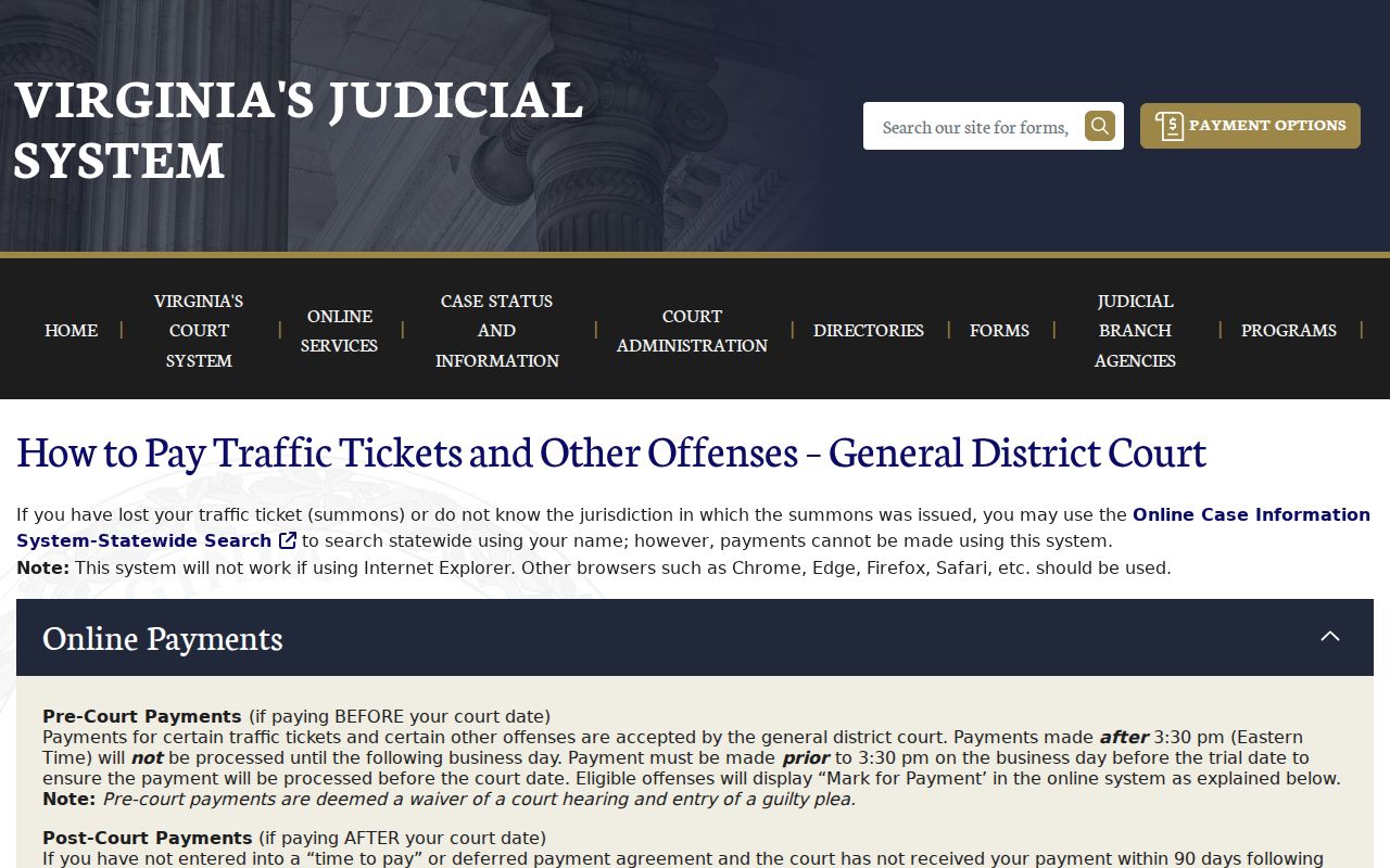 Virginia General District Court traffic ticket search instructions for Surry County traffic warrants