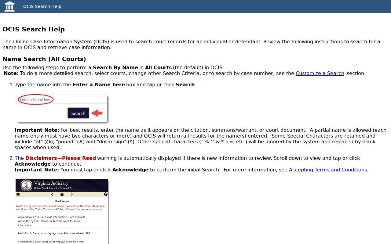 Surry County warrant search fields explained in OCIS help