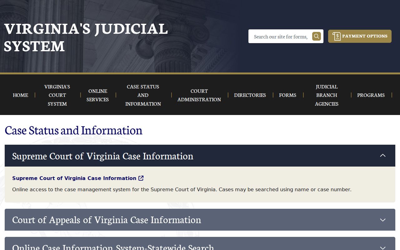 Surry County warrant search routes through the Virginia courts case-status hub